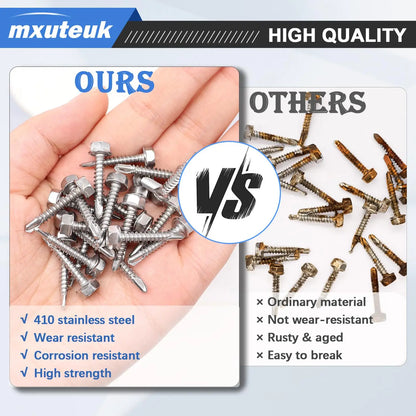 Stainless Steel Self-Tapping Hex Head Drill Tail Screws with Washers — Metal Roofing &amp; Sheet Metal Fasteners Assortment Kit 20/100pcs