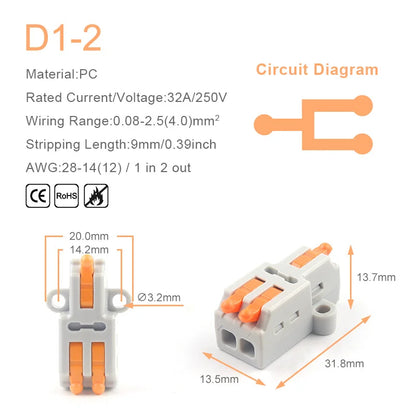 1 in Multiple Out Fast Electrical Wire Connector, Universal Compact Cable Splicing Terminal Block, Push-in Connector with Lever