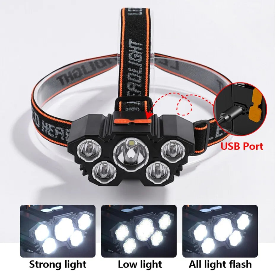 5 LED Rechargeable Headlamp with 18650 Battery Strong Light Headlight
