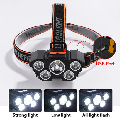 5 LED Rechargeable Headlamp with 18650 Battery Strong Light Headlight