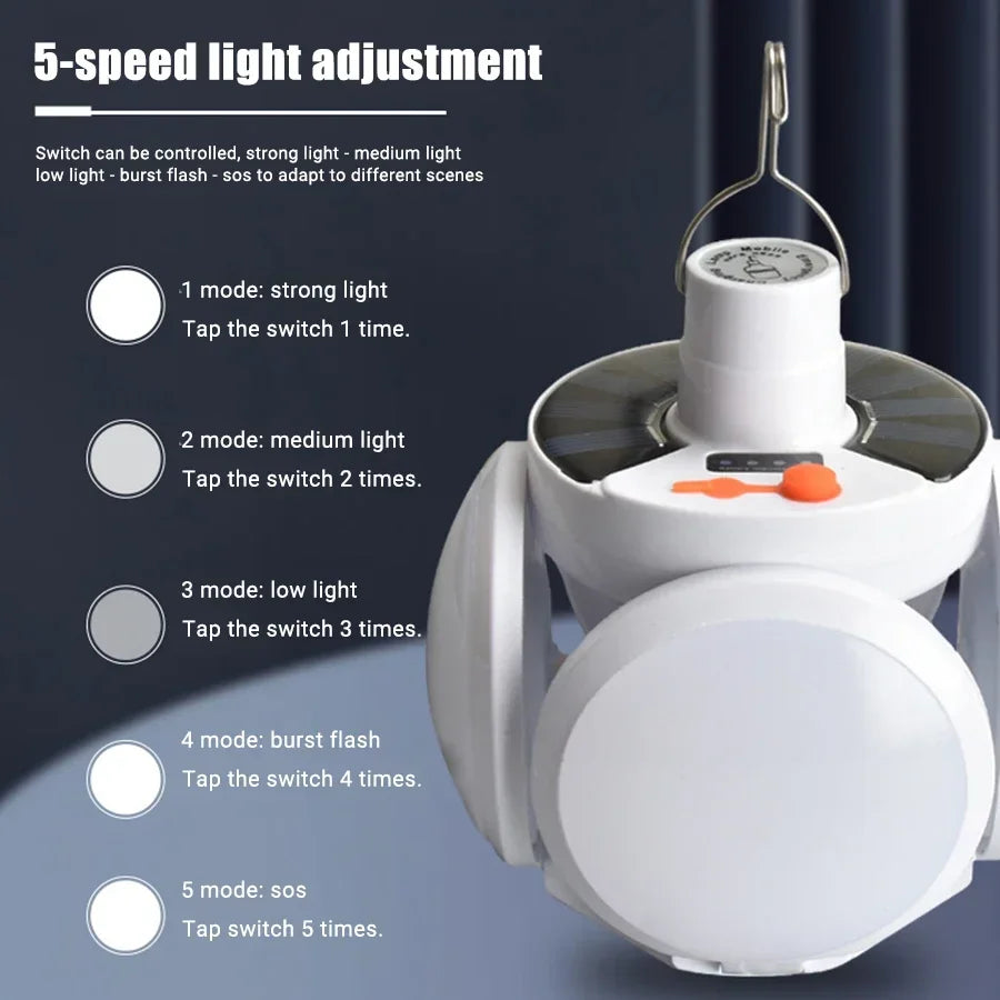 Portable LED Solar Camping Light Bulb Rechargeable Flashlight Waterproof Night Lamp Camping Supplies 5 Mode Adjustable with Hook