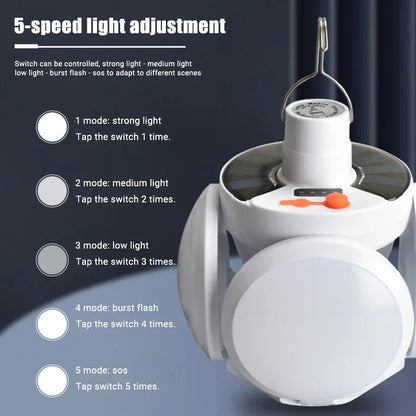 Portable LED Solar Camping Light Bulb Rechargeable Flashlight Waterproof Night Lamp Camping Supplies 5 Mode Adjustable with Hook