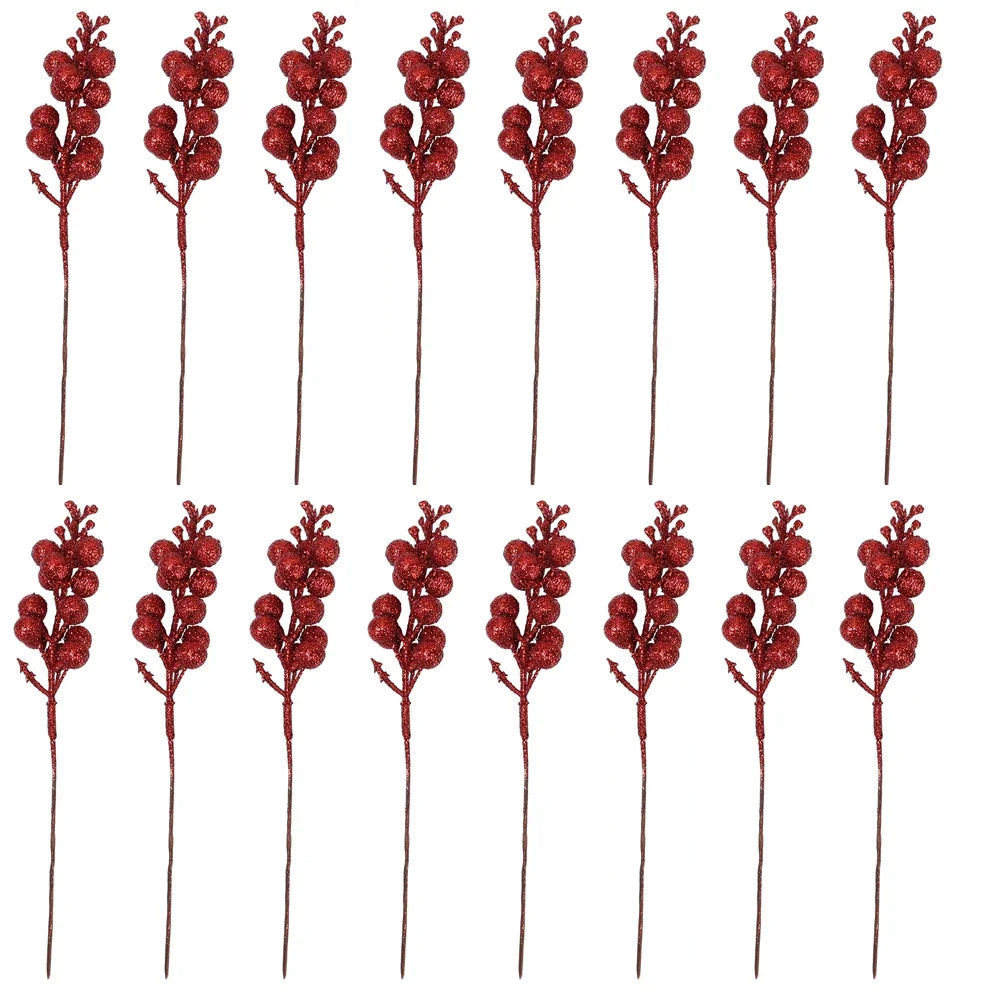 Christmas Artificial Berries Branch Glitter Red Holly Berry Flowers Bouquet Fake Plants New Year Party Festival Home Decoration