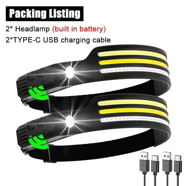 COB LED Headlamp USB Rechargeable Head Torch 5 Modes Built-in Battery