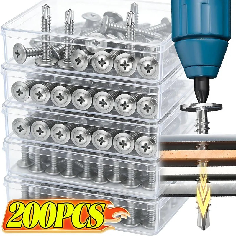 200x Stainless Steel Self-tapping Screws Round Washer Flat Head Cross Phillips Self Drilling Screw Fastener for Wood Sheet Metal