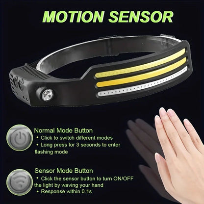 COB LED Headlamp 6000K 350 Lumens | 5 Modes, Motion Sensor, IPX4, 1200mAh Rechargeable | Climbing Running Cycling