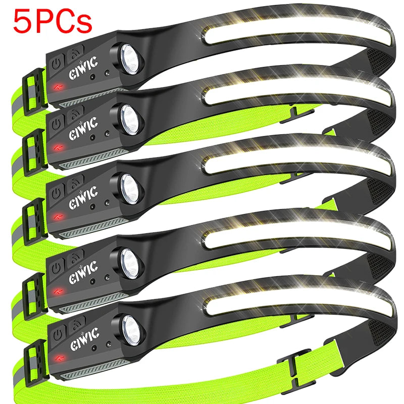 Sensor Headlamp LED Head Flashlight Rechargeable Headlight Built-in 1200mAh Battery 5 Lighting Modes Fishing Camping Lantern
