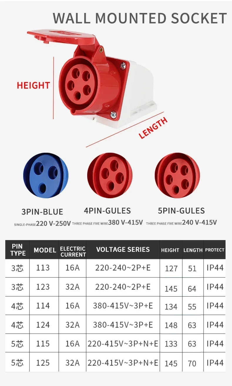 Industrial Plug and Socket Waterproof Connector 3PIN 4PIN 5PIN 16A 32A Electrical Connection Wall Mount Socket