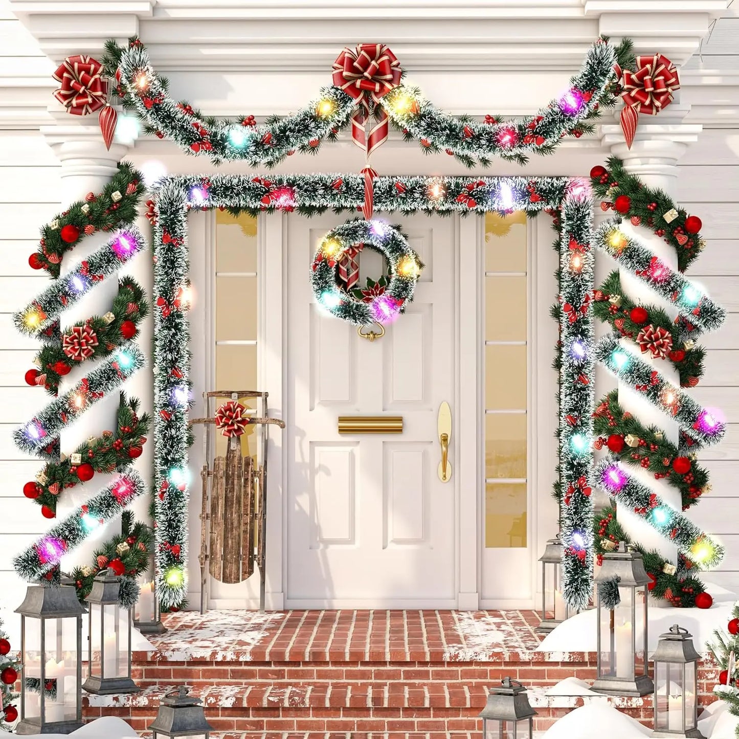 10/2M Christmas Bow Ribbon Garland Embellished Green Tinsel Xmas Tree Hanging Ornament Holiday Party Home Wedding Decoration