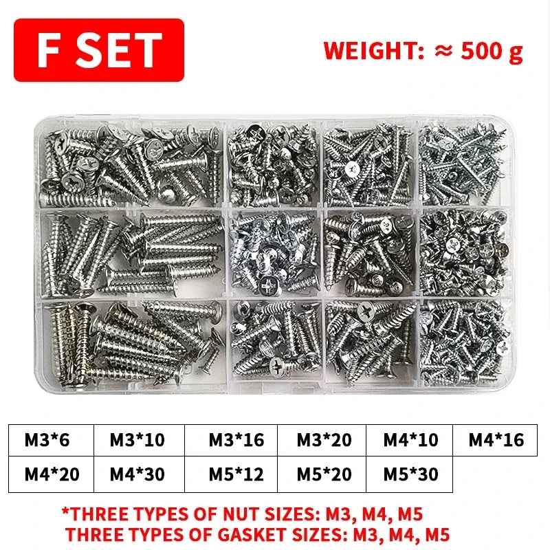 M3-M6 Phillips Pan Head Self-Tapping Screw Assortment Kit with Nuts and Washers Stainless Steel Fastener Set for DIY Machinery