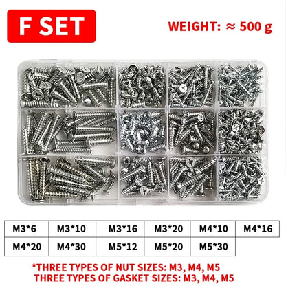 M3-M6 Phillips Pan Head Self-Tapping Screw Assortment Kit with Nuts and Washers Stainless Steel Fastener Set for DIY Machinery