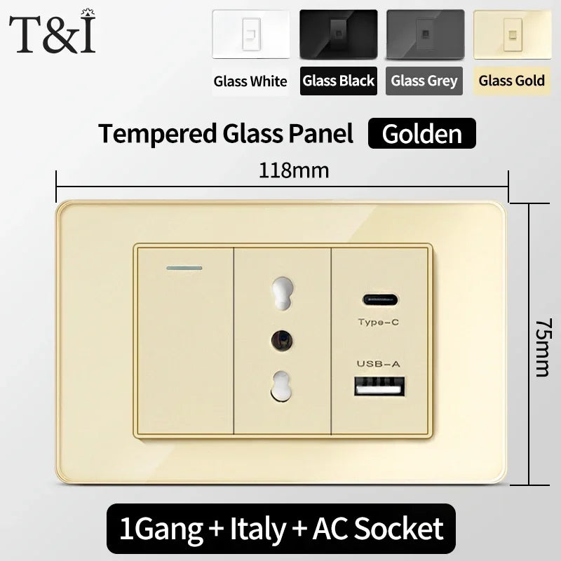 118-Style EU/CL Dual Socket with USB-C PD 20W Tempered Glass Italy & Chile Outlet for Home Office