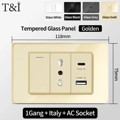 118-Style EU/CL Dual Socket with USB-C PD 20W Tempered Glass Italy & Chile Outlet for Home Office