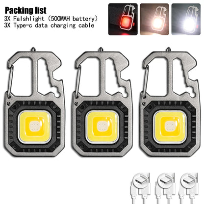 Mini Multifunctional Keychain LED Flashlight USB Rechargeable Portable Flashlight Outdoor Camping Torch Emergency Lantern 500Mah