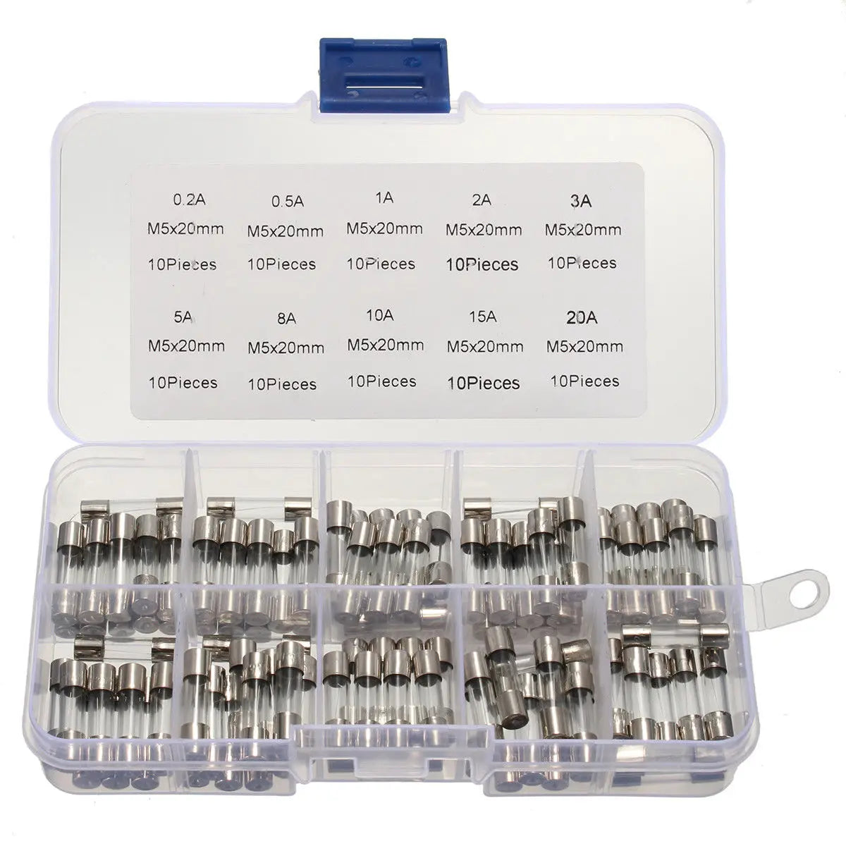 100pcs Insurance Tube Glass Fuses Kit Household 0.2A-20A 100pcs 16*12*2.1cm 250V High Quality Standard Fast Blow