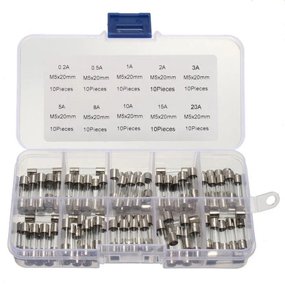 100pcs Insurance Tube Glass Fuses Kit Household 0.2A-20A 100pcs 16*12*2.1cm 250V High Quality Standard Fast Blow