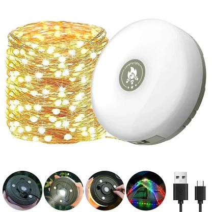 Camping String Lights Rechargeable LED Flashlight Hook lamp 4 in 1 Design 10m RGB Atmosphere Light Outdoor Waterproof Tent Light