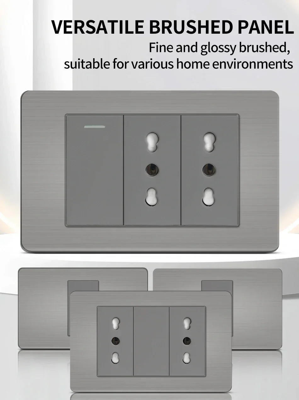 Stainless Steel Wall Socket 118x75mm Italian-Style with USB-C Schuko Chilean Plug Brushed Finish for Home Office