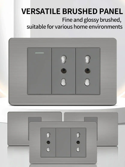 Stainless Steel Wall Socket 118x75mm Italian-Style with USB-C Schuko Chilean Plug Brushed Finish for Home Office