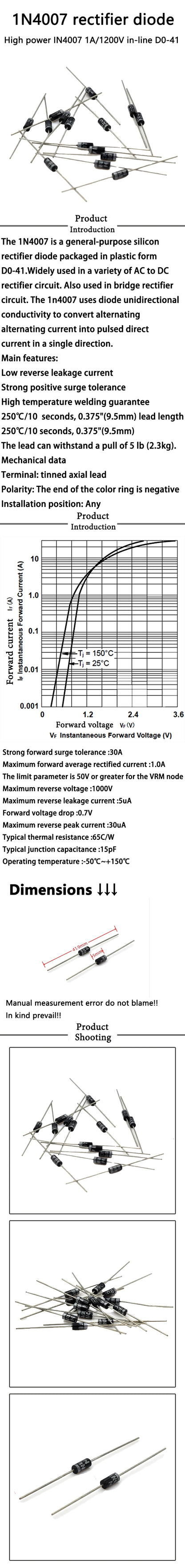 50pcs/lot 1N4007 1A 1000V DO-41 Rectifier Diode 4007 for Electronics Projects