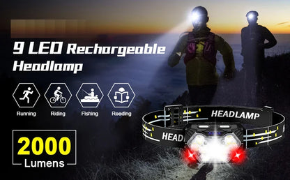 Rechageable LED Motion Sensor Headlight 9 Led Strong Light Headlamp Portable Fishing Camping Outdoor Head Lamp Work Flashlight