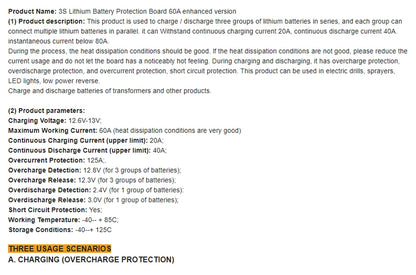 3S 4S Lithium Battery BMS Protection Board 40A 60A with Balance and Enhance Functions for Drill Motor 11.1V-16.8V Li-ion Cells