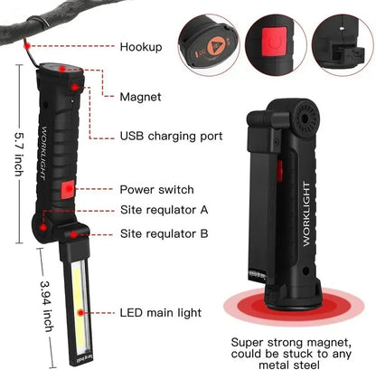 Folding COB XPE LED Work Light Flashlight USB Rechargeable Torch Magnetic Base & Hook, Emergency Car Inspection Lamp Red SOS