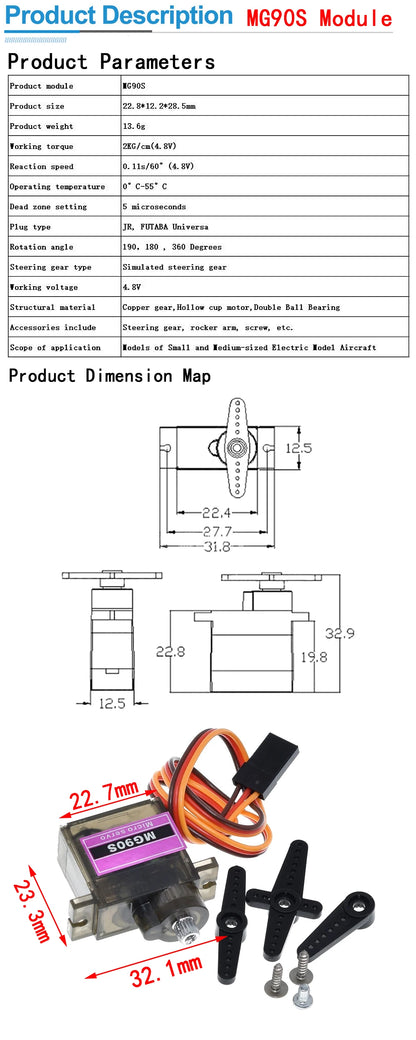 MG90S 9g Digital Servo with Plastic Gears for RC Helicopter, Plane, Boat, and Car