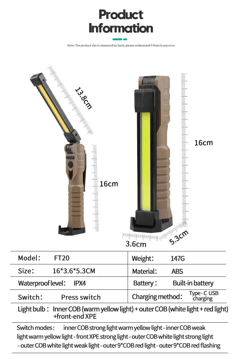 Portable Folding COB XPE LED Work Light Rechargeable Inspection Lamp