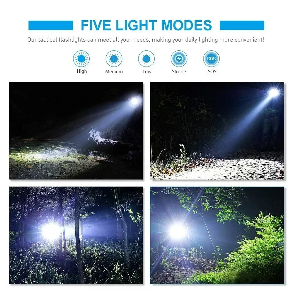High Power T6 LED Flashlights Camping Torch 5 Light Modes Zoom Light Aluminum Alloys Waterproof Material External 18650 Battery