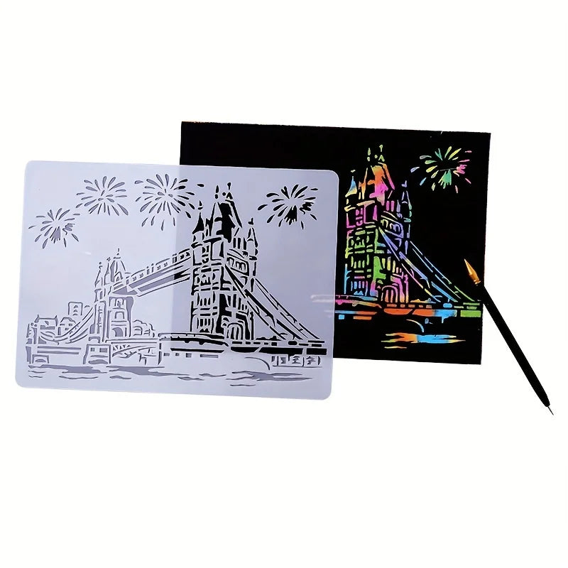 A4 DIY Painting Wall Stencil Airbrush   Drawing Copy Templates London Bridge Big Ben castle Burj Al Arab Five Towers White House