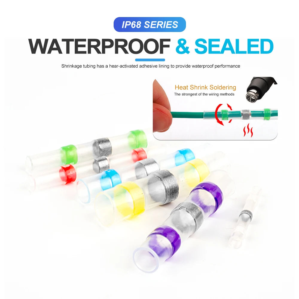 100/120 PCS Solder Seal Wire Connectors, Heat Shrink Butt Connectors, Waterproof Insulated Electrical Wire Terminals