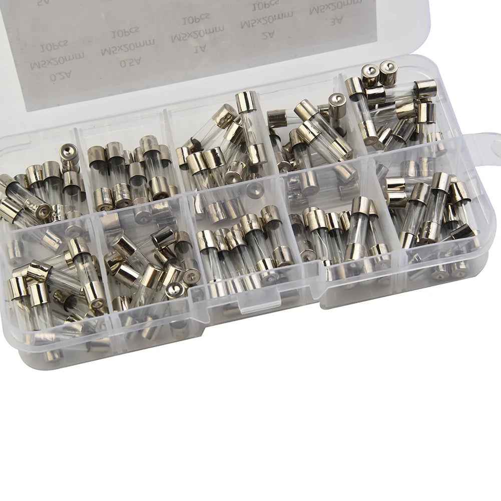 100pcs Insurance Tube Glass Fuses Kit Household 0.2A-20A 100pcs 16*12*2.1cm 250V High Quality Standard Fast Blow