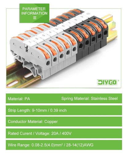 Din Rail 211 Wire Connector Quick Splice Universal Terminal Block with Conductive Strip and Number Marker