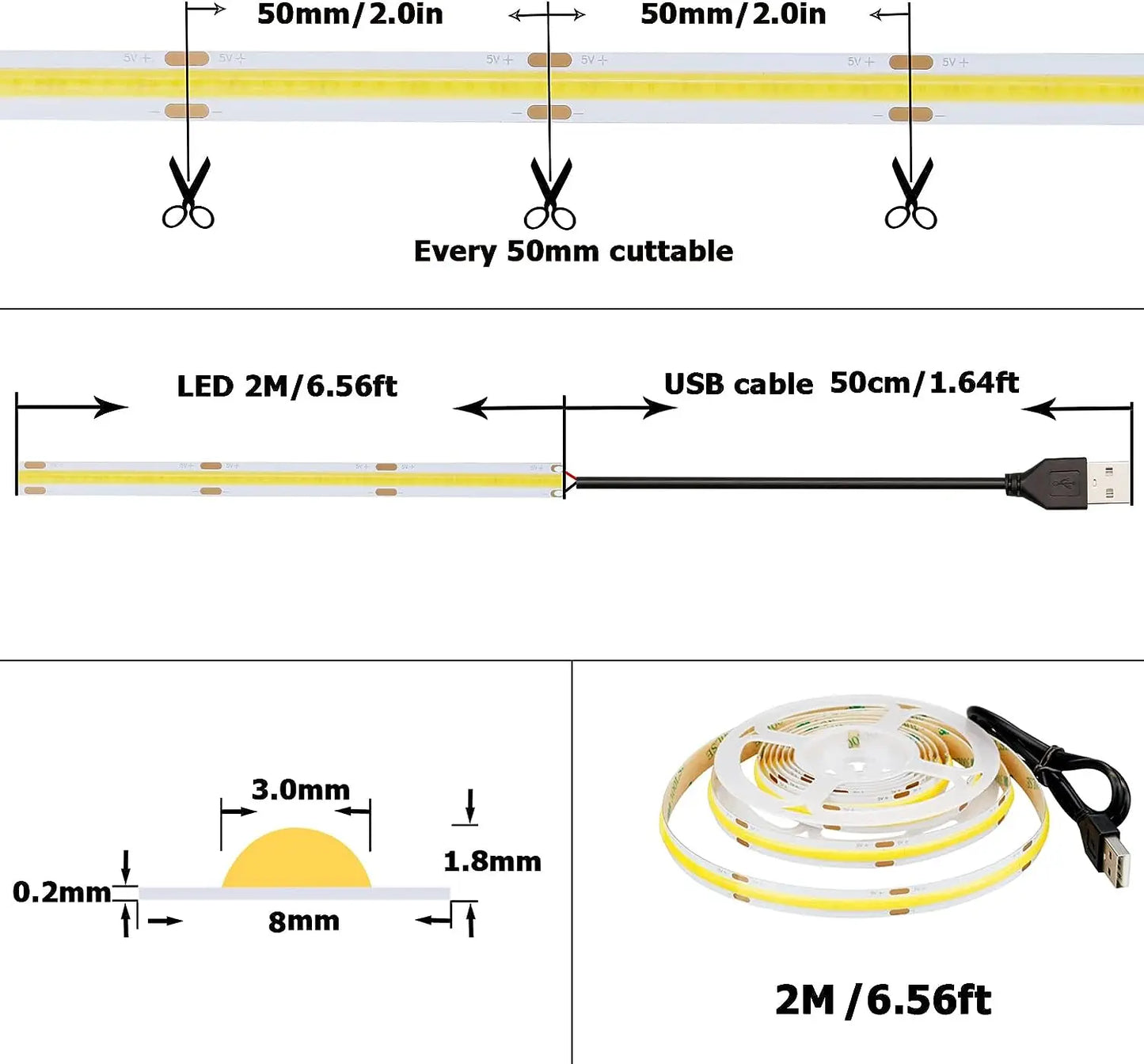 DC 5V USB COB Strip 320Leds/M White/Blue/Pink/Yellow/Pink/Red Flexible Ribbon Rope Night Lamp TV Backlight LED Strip