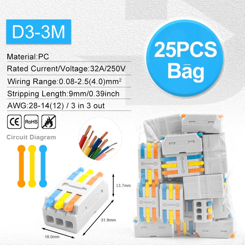 Quick Electrical Lever Wire Connectors, 2 Port Cable Spring Splice, Universal Compact Clamp Mini Wiring Terminal Connector