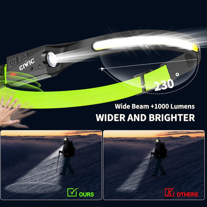 Sensor Headlamp LED Head Flashlight Rechargeable Headlight Built-in 1200mAh Battery 5 Lighting Modes Fishing Camping Lantern
