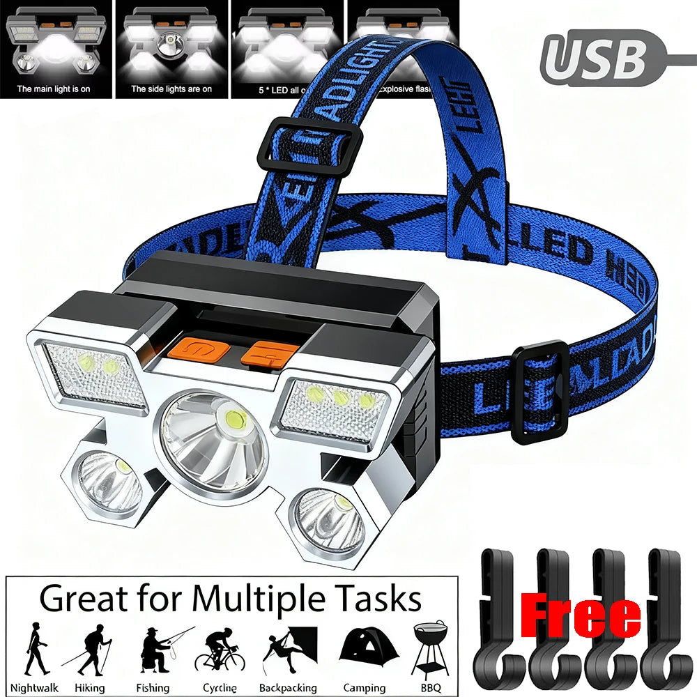5 LED High Power Headlamp Portable Rechargeable HeadLight Built-in Battery Flashlight Outdoor Working Light for Fishing Camping
