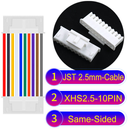 JST XHS with Belt Lock 2.5mm 10Pin Same-Side-Head cable with 22AWG copper wire and UL1007-certified PVC, suitable for home appliances, electrical equipment, and LED lighting.