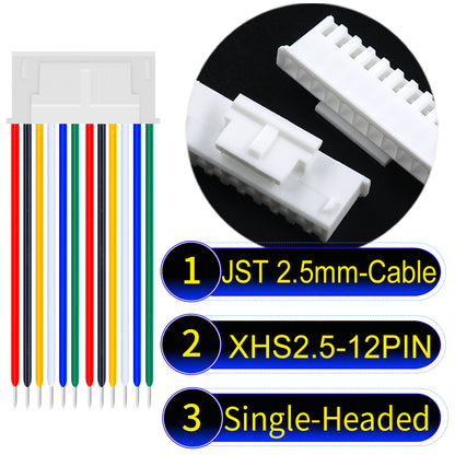 JST XHS with Belt Lock 2.5mm 12Pin single-headed cable with 22AWG copper wire and UL1007-certified PVC, suitable for home appliances, electrical equipment, and LED lighting.