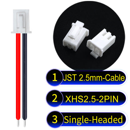 JST XHS with Belt Lock 2.5mm 2Pin single-headed cable with 22AWG copper wire and UL1007-certified PVC, suitable for home appliances, electrical equipment, and LED lighting.
