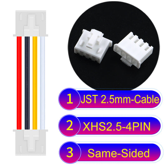 JST XHS with Belt Lock 2.5mm 4Pin Same-Side-Head cable with 22AWG copper wire and UL1007-certified PVC, suitable for home appliances, electrical equipment, and LED lighting.