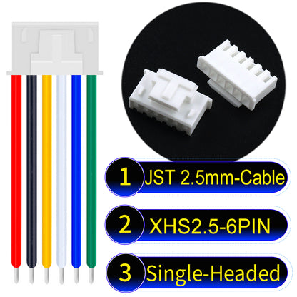 JST XHS with Belt Lock 2.5mm 6Pin single-headed cable with 22AWG copper wire and UL1007-certified PVC, suitable for home appliances, electrical equipment, and LED lighting.
