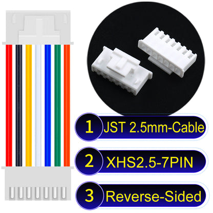 JST XHS with Belt Lock 7Pin Reverse-Side-Head cable, 2.54mm pitch, 22AWG copper wire, UL1007 certified, ideal for home appliances, electrical systems, and LED lighting applications.
