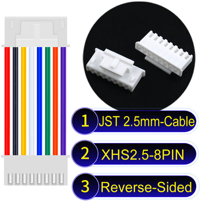 JST XHS with Belt Lock 8Pin Reverse-Side-Head cable, 2.54mm pitch, 22AWG copper wire, UL1007 certified, ideal for home appliances, electrical systems, and LED lighting applications.