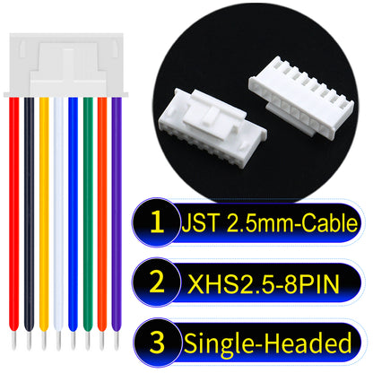 JST XHS with Belt Lock 2.5mm 8Pin single-headed cable with 22AWG copper wire and UL1007-certified PVC, suitable for home appliances, electrical equipment, and LED lighting.