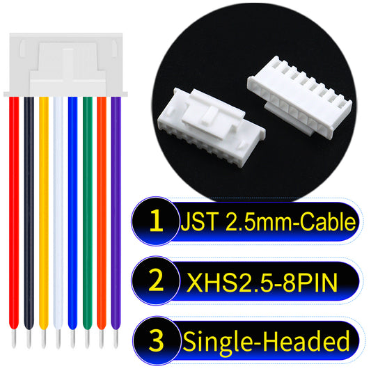 JST XHS with Belt Lock 2.5mm 8Pin single-headed cable with 22AWG copper wire and UL1007-certified PVC, suitable for home appliances, electrical equipment, and LED lighting.