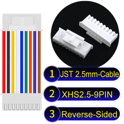 JST XHS with Belt Lock 9Pin Reverse-Side-Head cable, 2.54mm pitch, 22AWG copper wire, UL1007 certified, ideal for home appliances, electrical systems, and LED lighting applications.