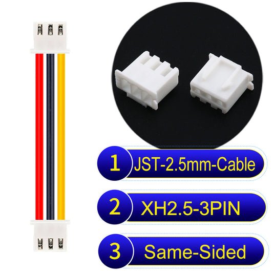JST XH 2.5mm 3Pin Same-Side-Head cable with 22AWG copper wire and UL1007-certified PVC, ideal for home appliances, electrical equipment, etc.