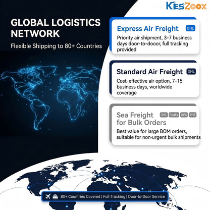 Electronic components full category — IC chip, transistor, capacitor, resistor, relay, sensor, LED, MOSFET, connector — 50M+ SKUs ready stock at Keszoox